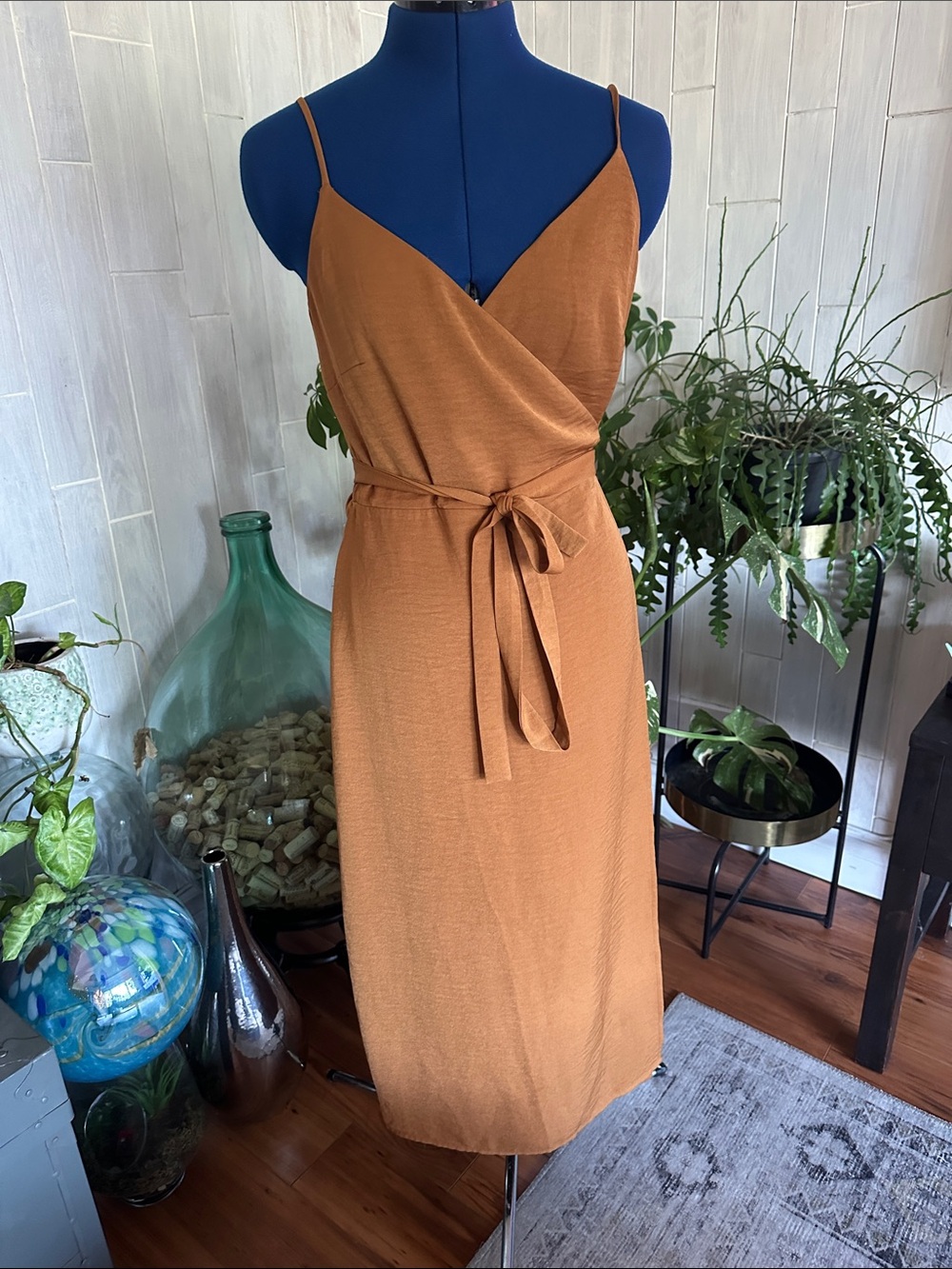 Frank & Oak Cognac Wrap Midi Dress with Tie Waist